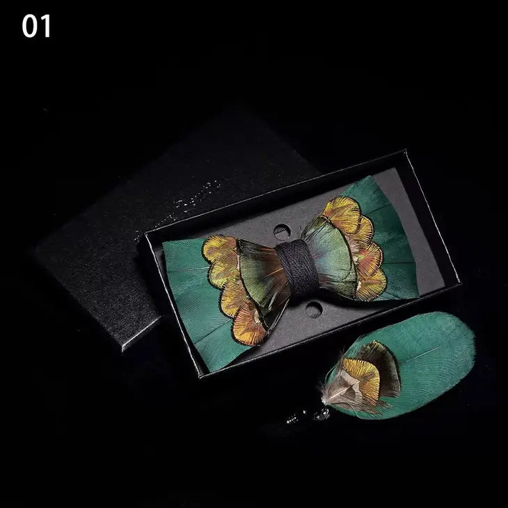 Handmade Green Feather Bow Tie