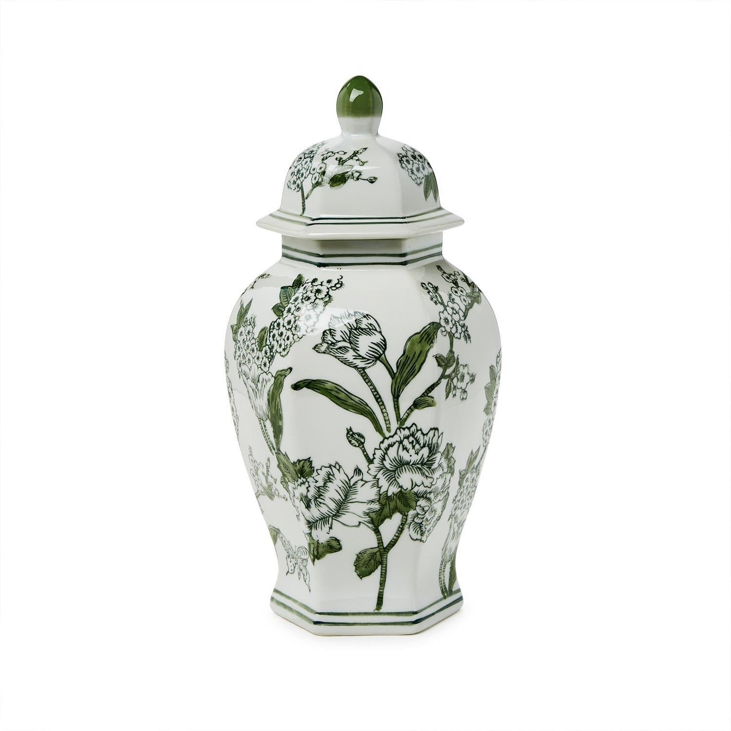Primrose and Lotus 14" Hand-Painted Green and White Chinoiserie Hexogonal Temple Jar