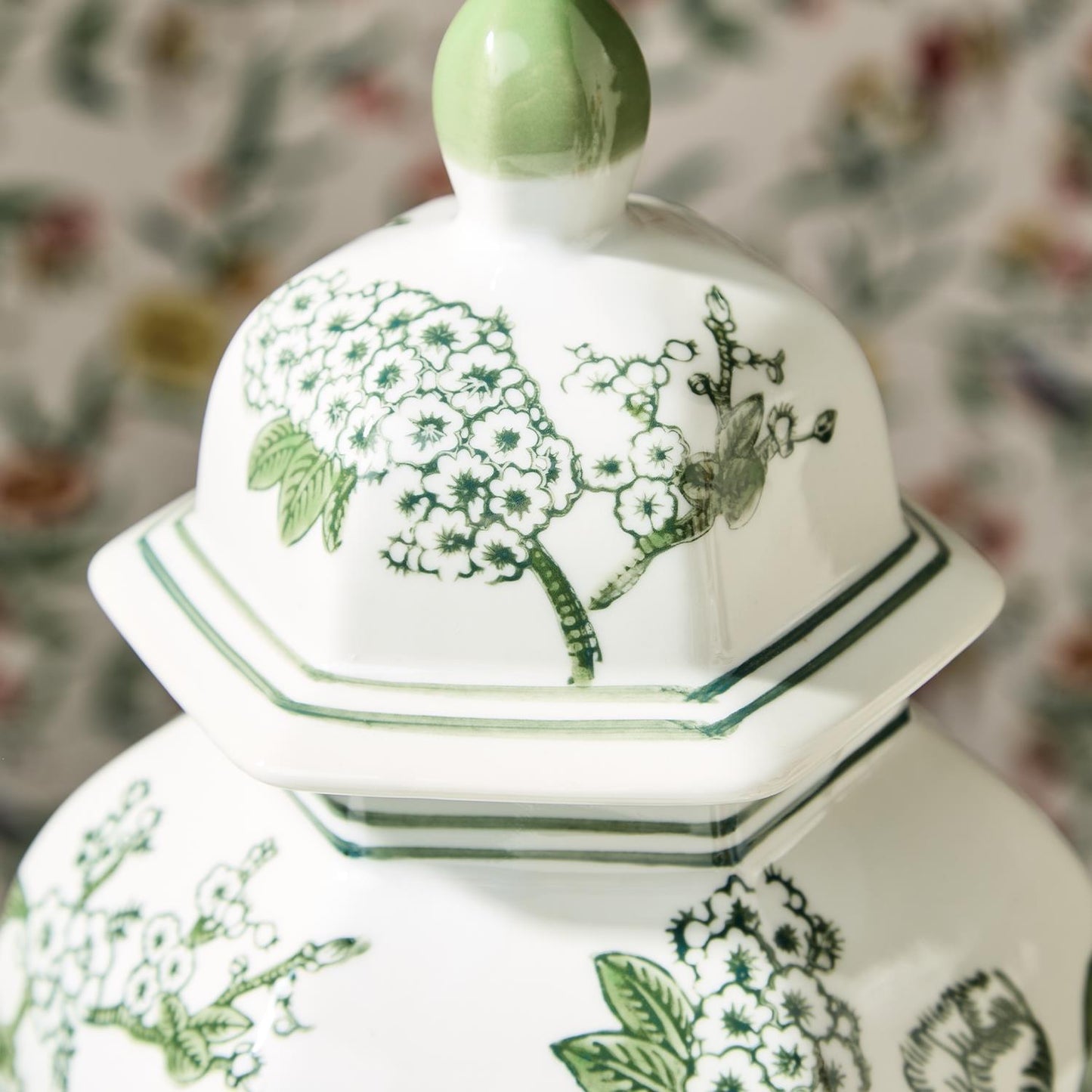 Primrose and Lotus 14" Hand-Painted Green and White Chinoiserie Hexogonal Temple Jar