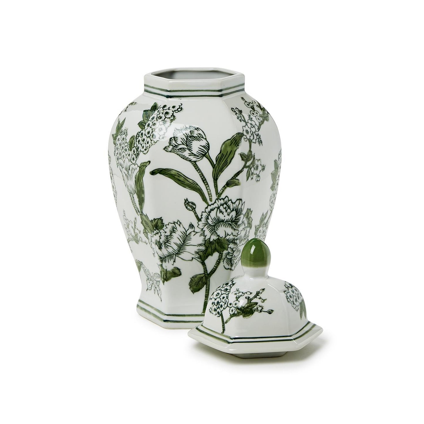 Primrose and Lotus 14" Hand-Painted Green and White Chinoiserie Hexogonal Temple Jar
