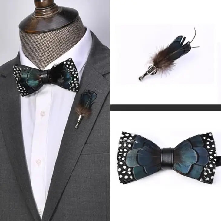 Handmade Green Polka Dot Feather Bowtie