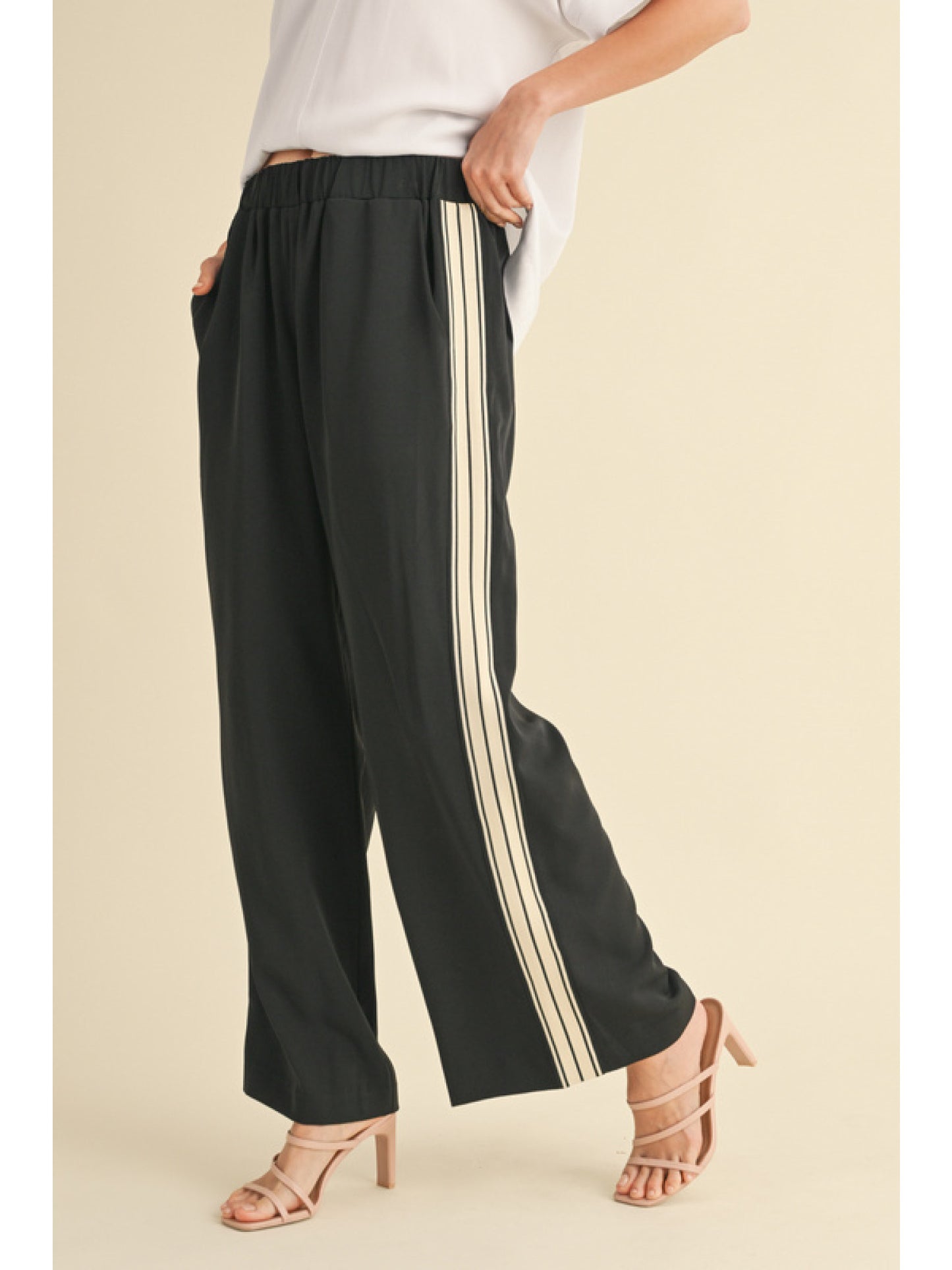Embroidered Striped Wide Leg Track Pant