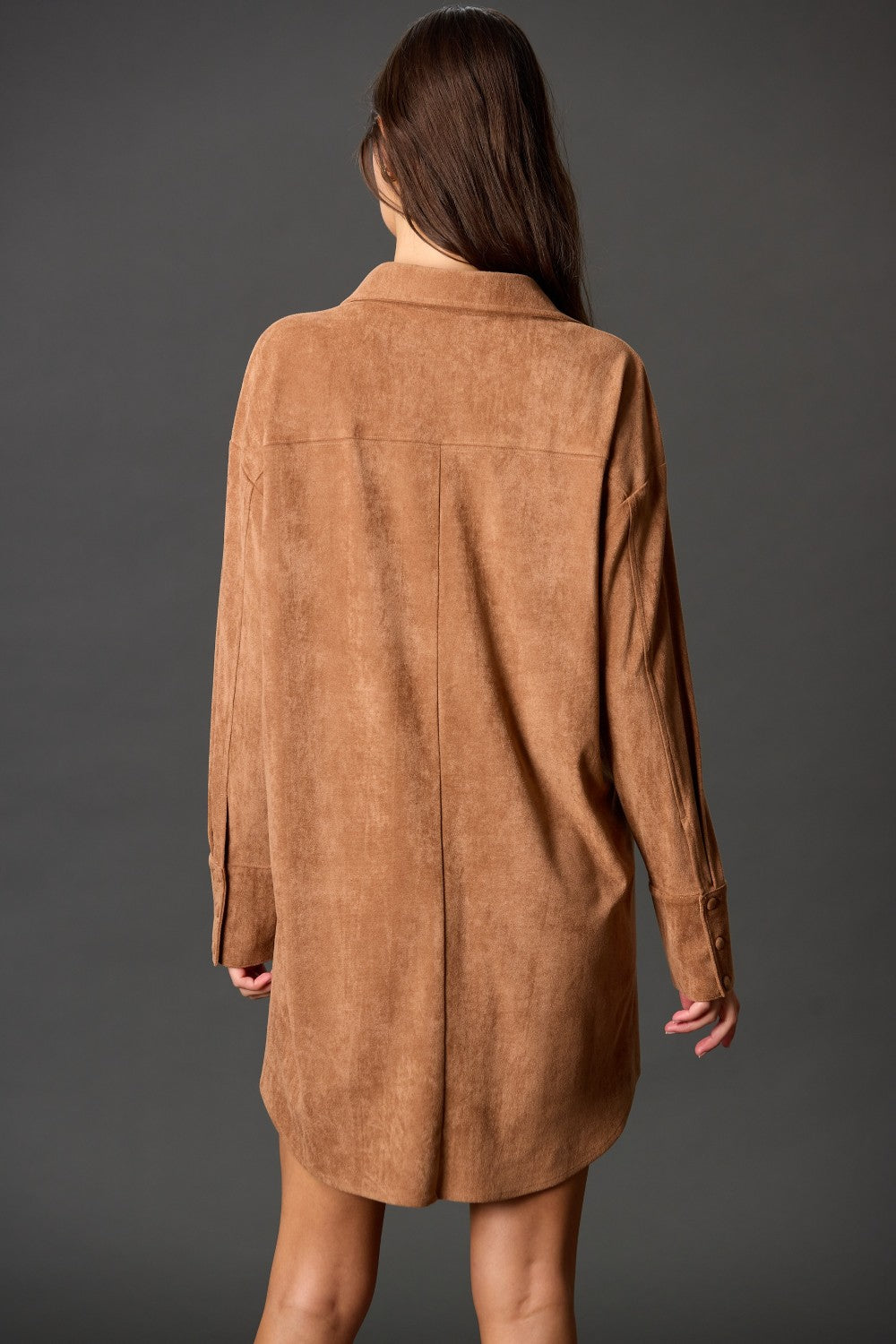Suede Button Down Long Sleeve Short Dress