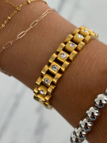Thin Watch Band Bracelet | Gold with Diamonds