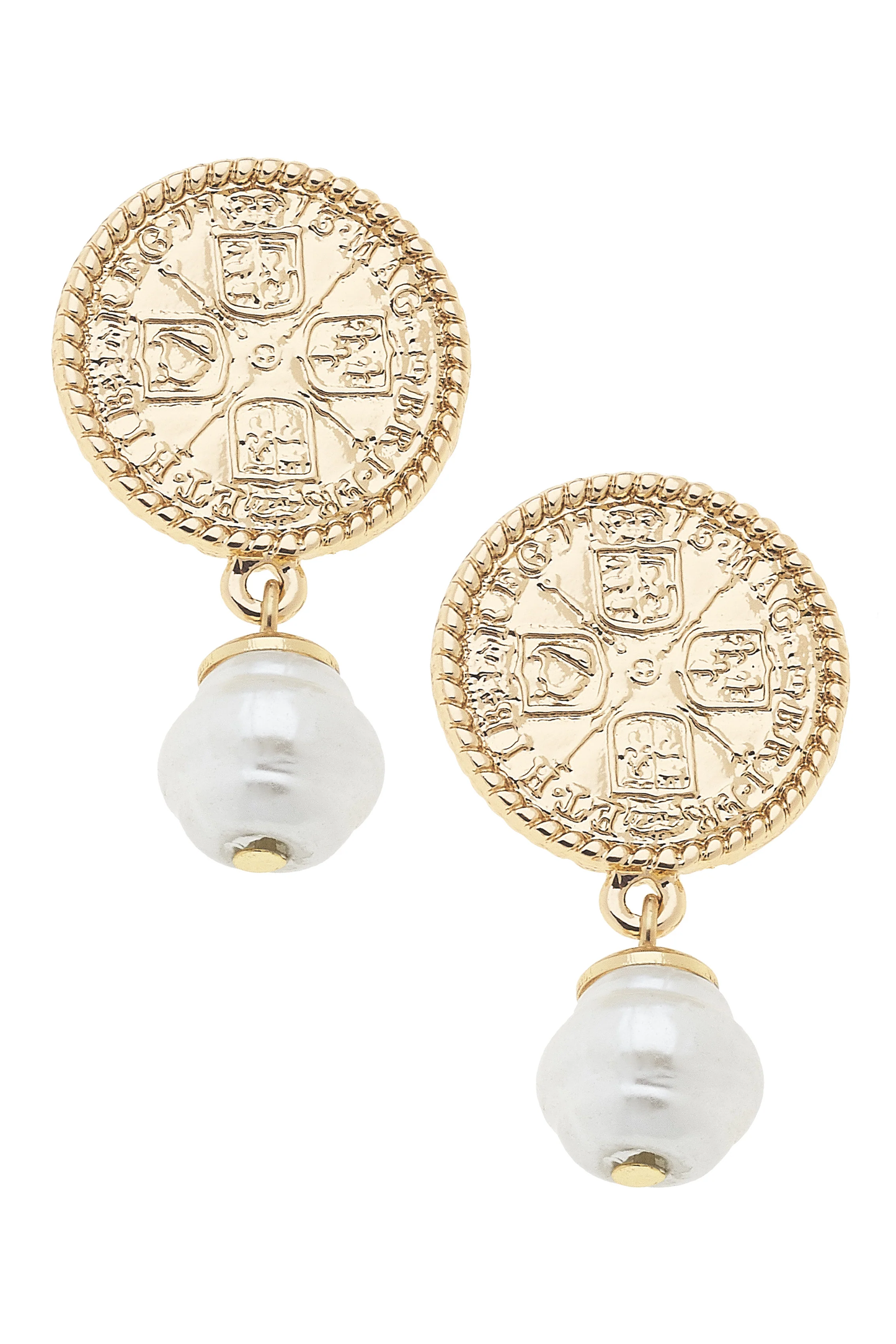 Contessa Coin Pearl Drop Earrings in Shiny Gold
