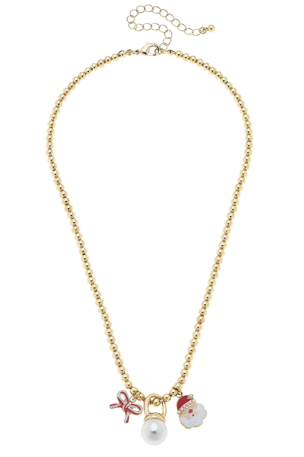 Candy Cane Bow & Santa Charm Necklace in Shiny Gold
