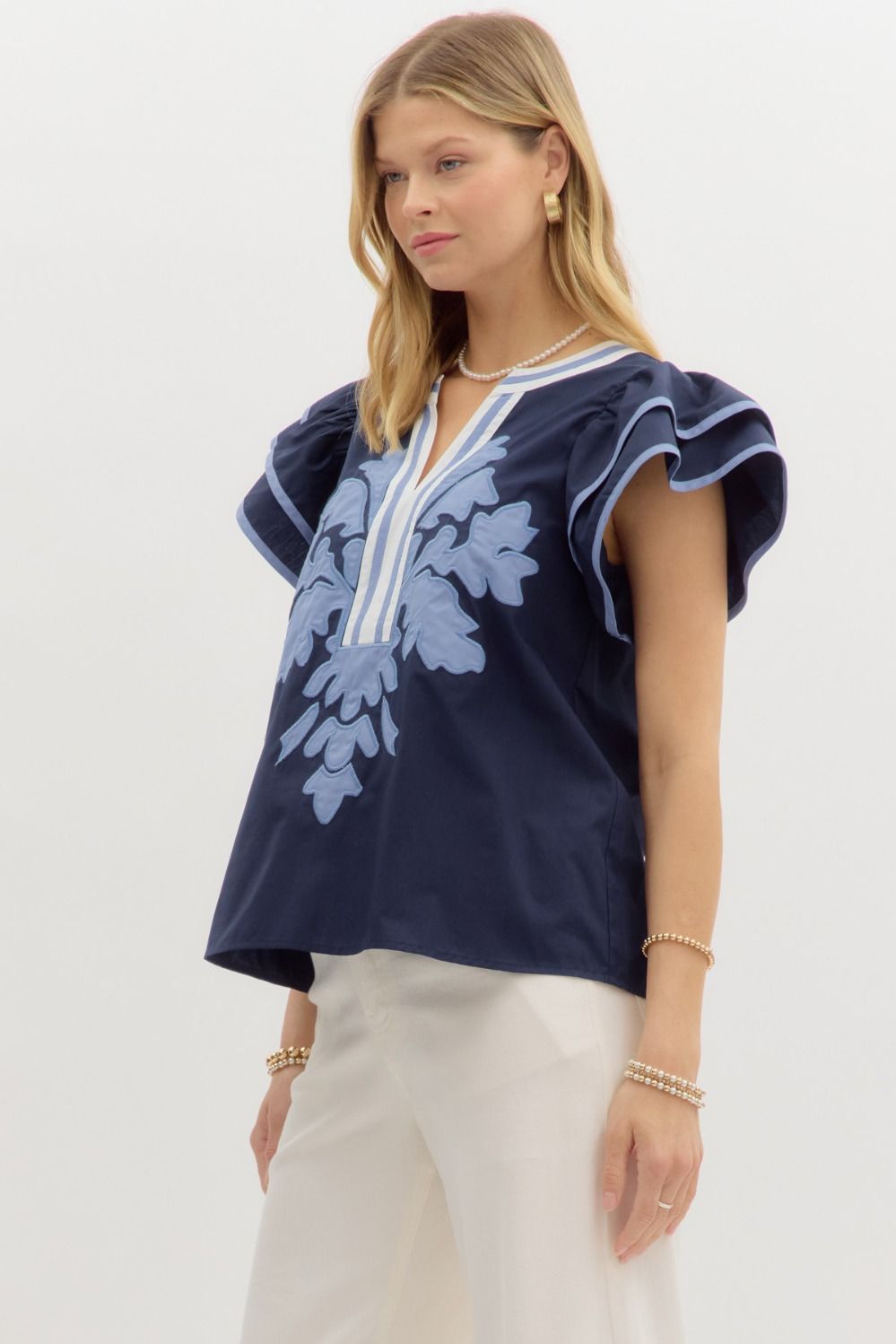 Embroidered Bloom Flutter Sleeve Top