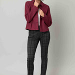 Heart of Pine Malbec denim jacket featuring a button front, long sleeves, pockets, stretch fabric, and feminine scalloped trim detailing.