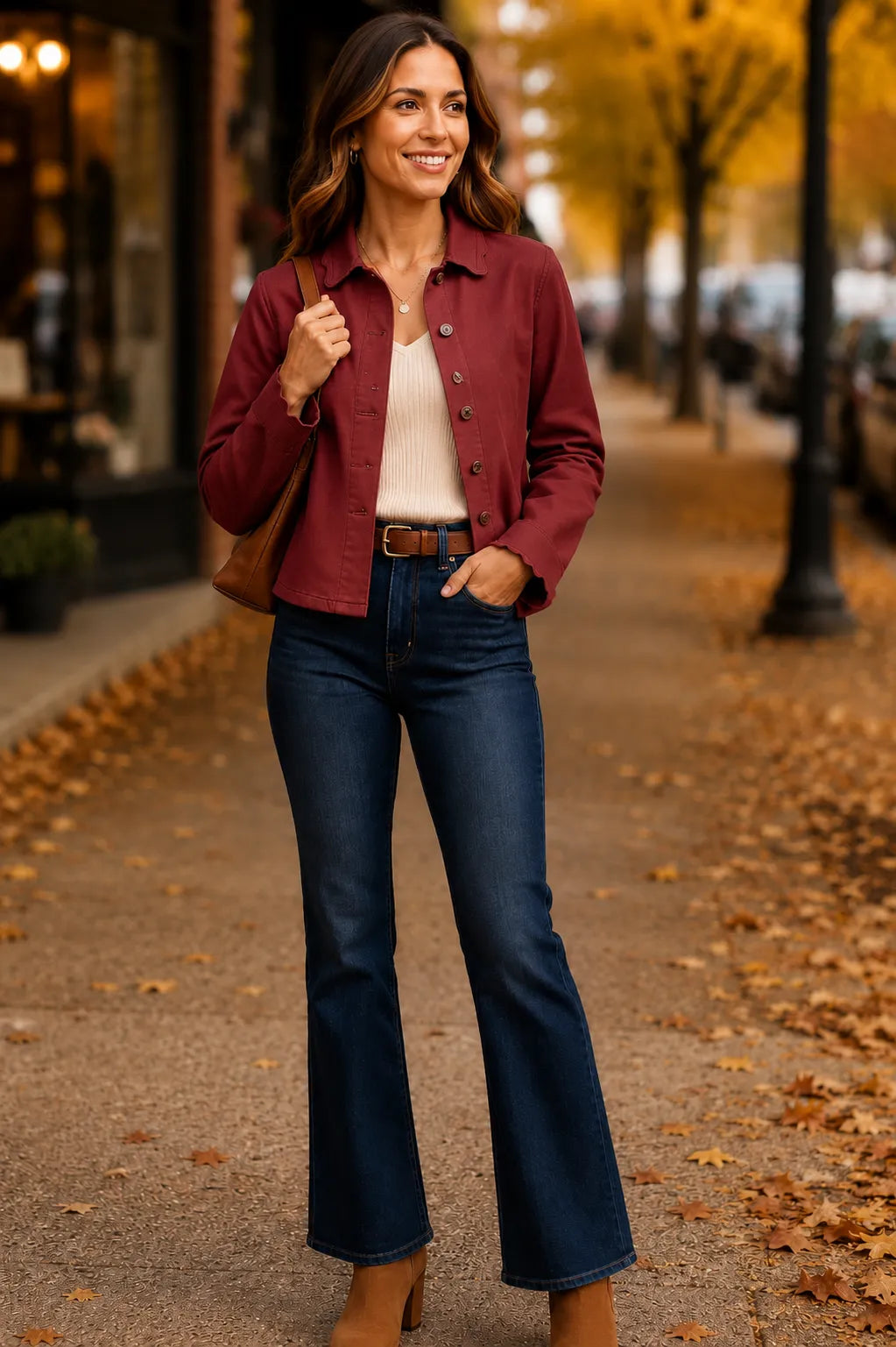 A woman stands on an autumn street wearing a burgundy button-up shirt jacket over a cream top, dark blue flare jeans, and brown ankle boots, with a brown shoulder bag.