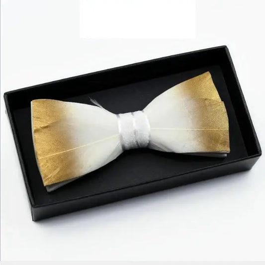 Handmade Golden White Feather Bow Tie