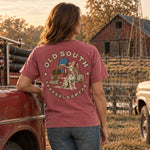 Old South Apparel Old Glory Fire Brigade short sleeve tee in Crimson featuring a front pocket logo and patriotic hand-drawn fire brigade graphic on the back.
