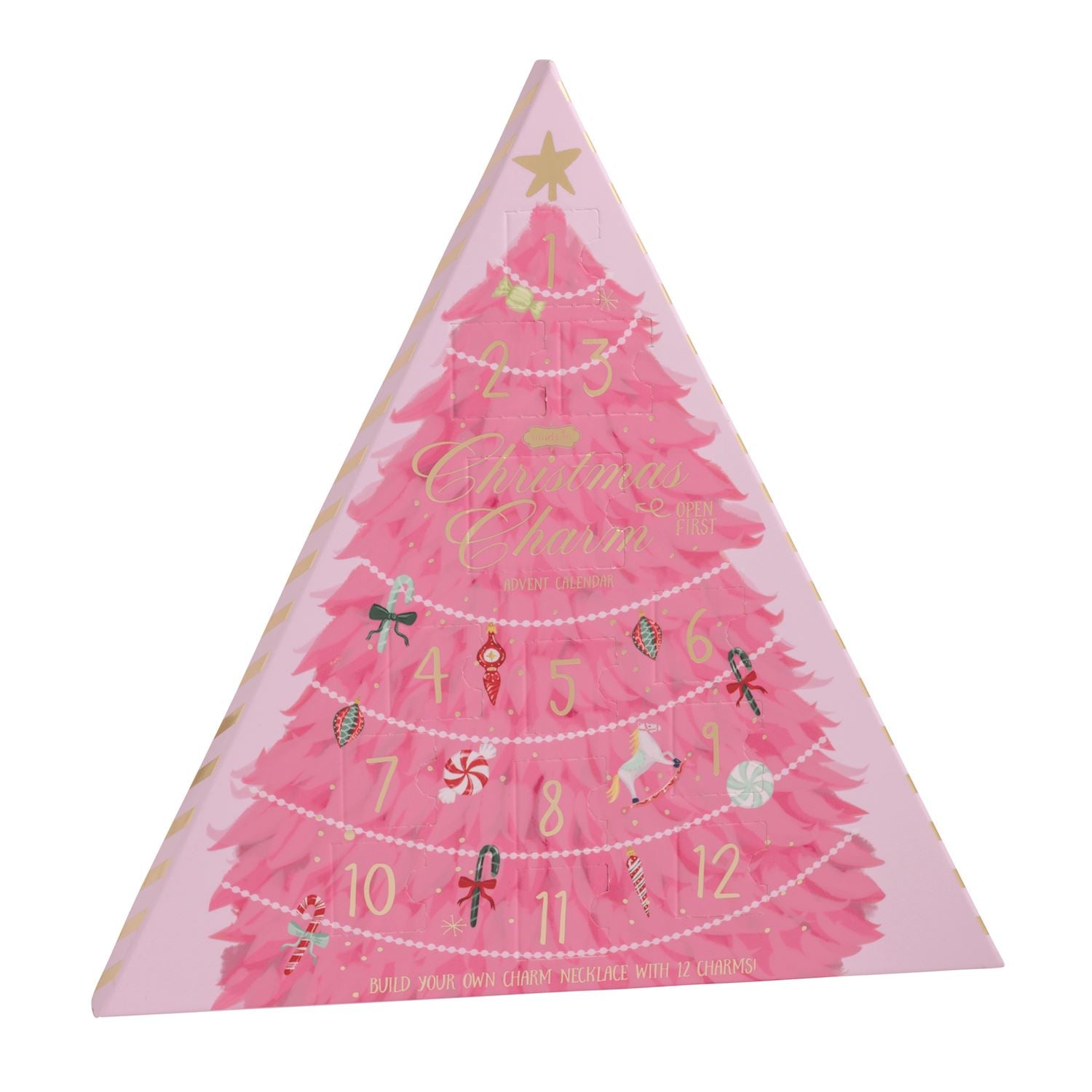 Mud Pie Christmas Tree Charm Advent Calendar Set with gold-tone necklace and 12 colorful enamel and rhinestone Christmas charms in festive tree-shaped packaging.