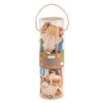 Mud Pie Nativity Wood Toy Set featuring wooden Nativity figures, animals, baby Jesus, manger, and hay for children's Christmas play.