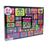 Nee Doh Advent toy box with 24 colorful surprise compartments on a black background, shown with a hand pressing one of the colorful doors.