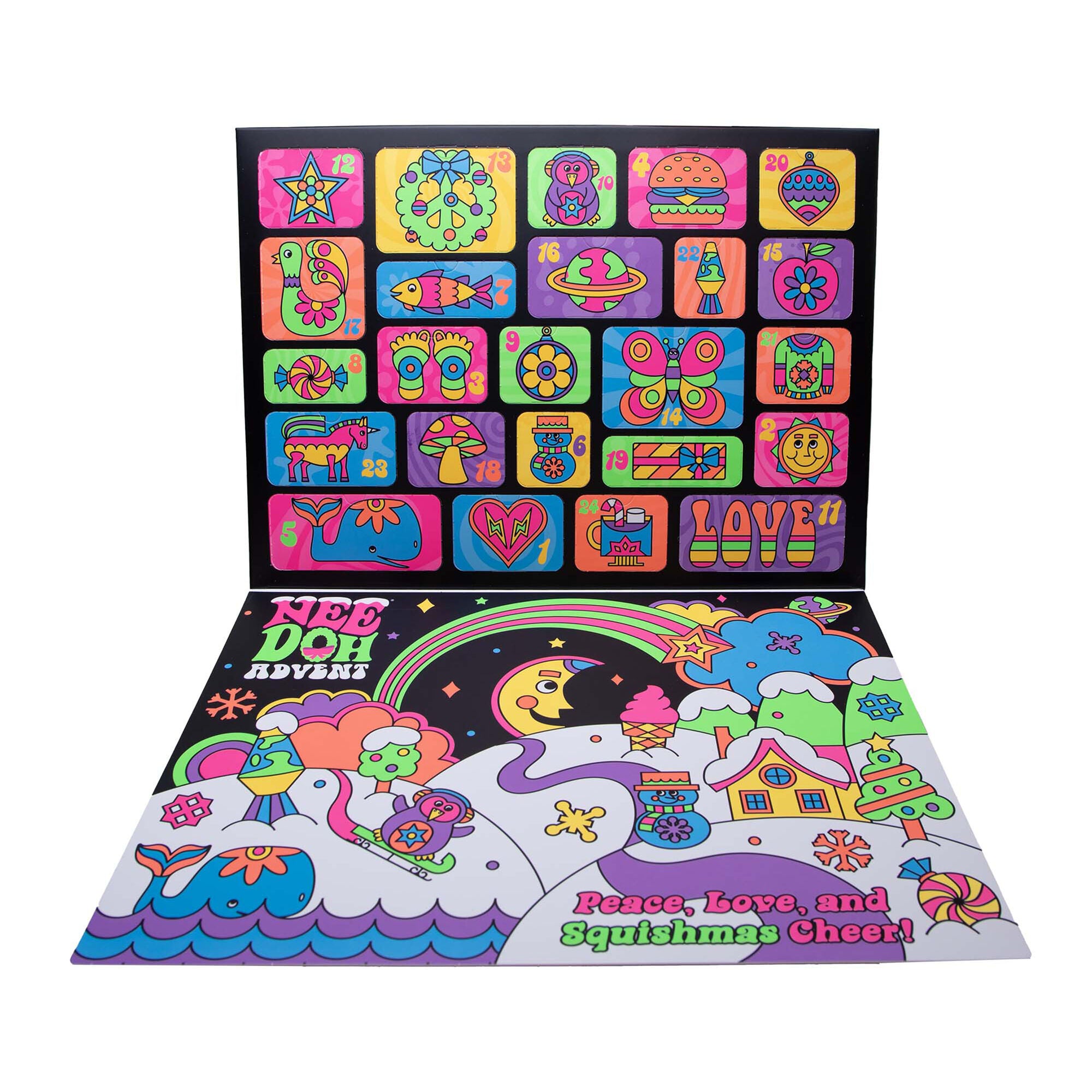Official NeeDoh Squishmas 2026 Holiday Advent Calendar by Schylling featuring 24 days of colorful NeeDoh squishy surprises.