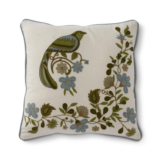 20" Square Blue and Green Embroidered Floral & Bird Pillow