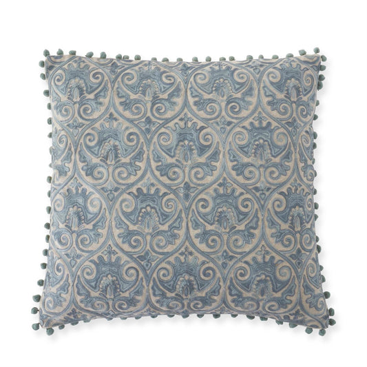20" Square Blue Gray Crest Embroidered Pillow w/Pom Pom Trim