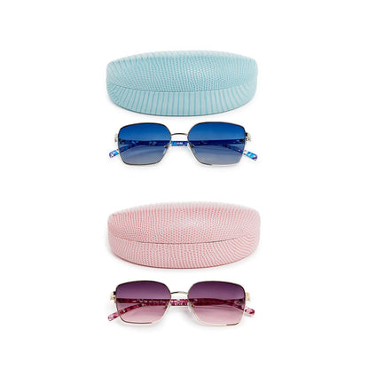 New View Metal Frame Sunglasses with Geometric Design Arms with Coordinating Lizard Print Hard Case