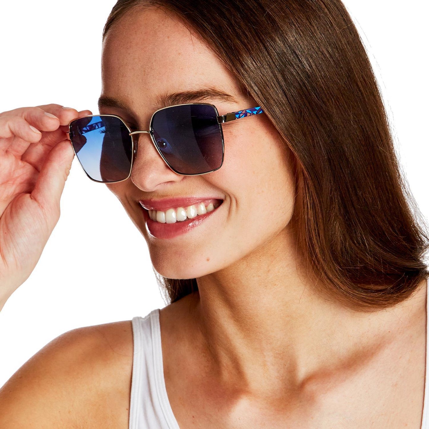 New View Metal Frame Sunglasses with Geometric Design Arms with Coordinating Lizard Print Hard Case