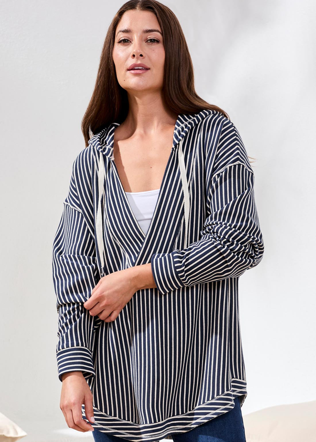 Stripe French Terry Hooded Top with Curved Hem