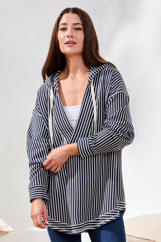 Stripe French Terry Hooded Top with Curved Hem