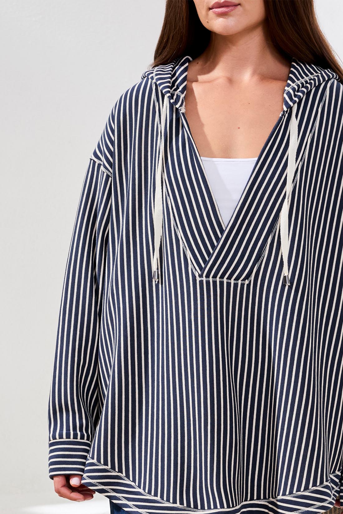 Stripe French Terry Hooded Top with Curved Hem