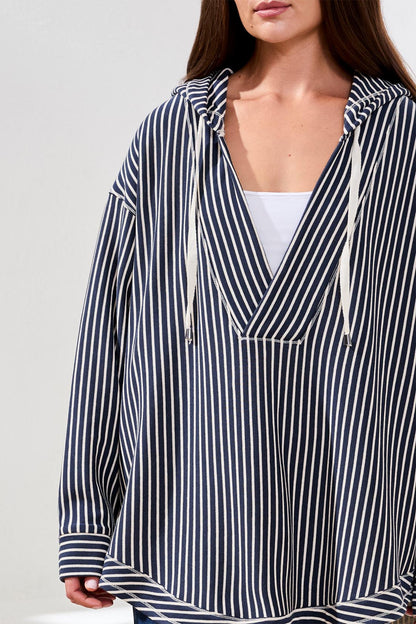 Stripe French Terry Hooded Top with Curved Hem