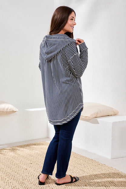 Stripe French Terry Hooded Top with Curved Hem