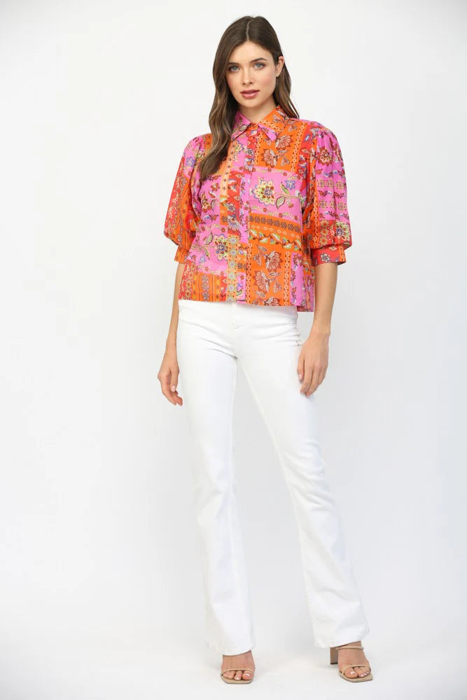Floral Motif Print Balloon Sleeve Top