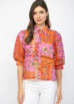 Floral Motif Print Balloon Sleeve Top