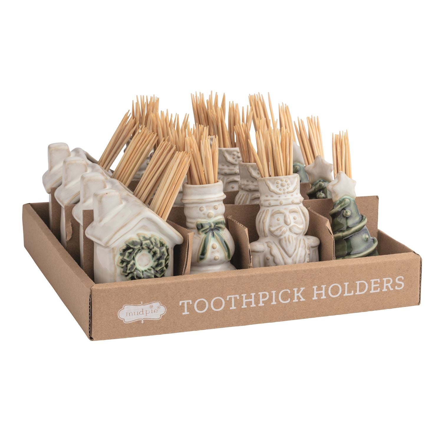 A cardboard tray labeled 'TOOTHPICK HOLDERS' holding multiple ceramic toothpick holders in off-white and green glazes, each filled with wooden toothpicks, on a white background.