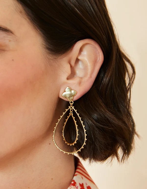 Gold earrings worn by a person with a neutral background