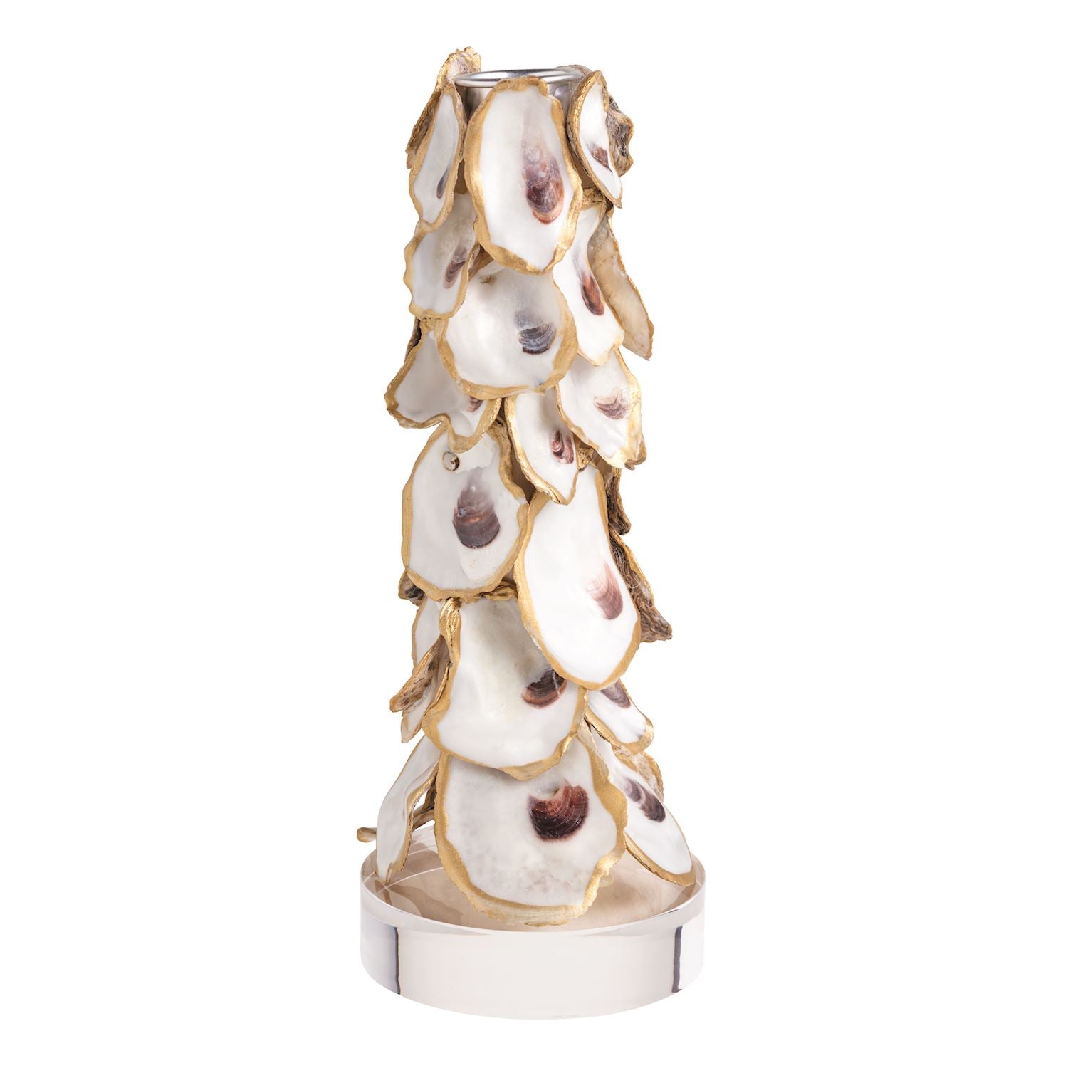 A decorative candle holder sculpted from stacked oyster shells with gold trim and a silver-toned base, shown on a plain white background.