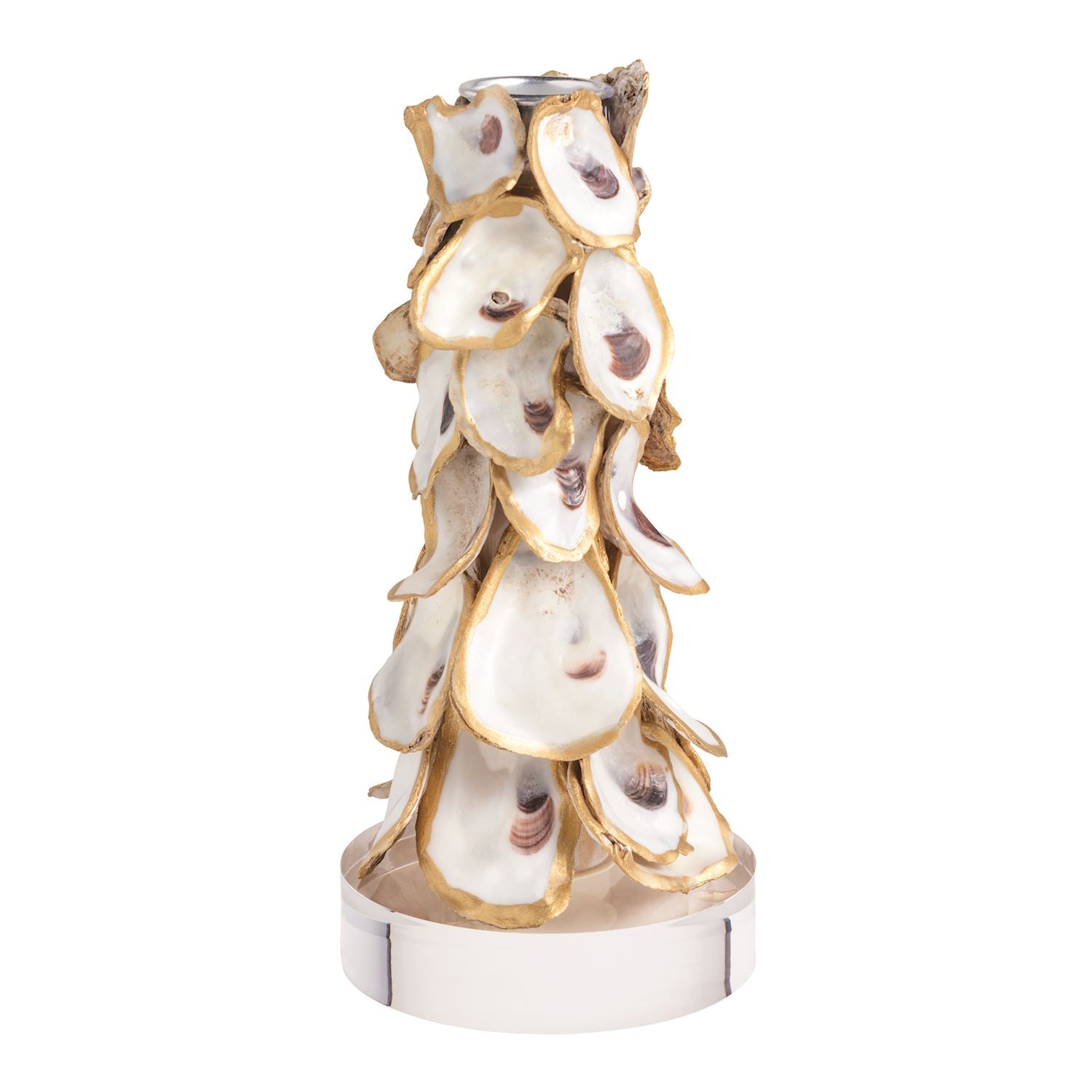 A decorative sculptural vase or candle holder made from overlapping oyster shells with gold-toned edges and a polished silver base, shown on a plain white background.