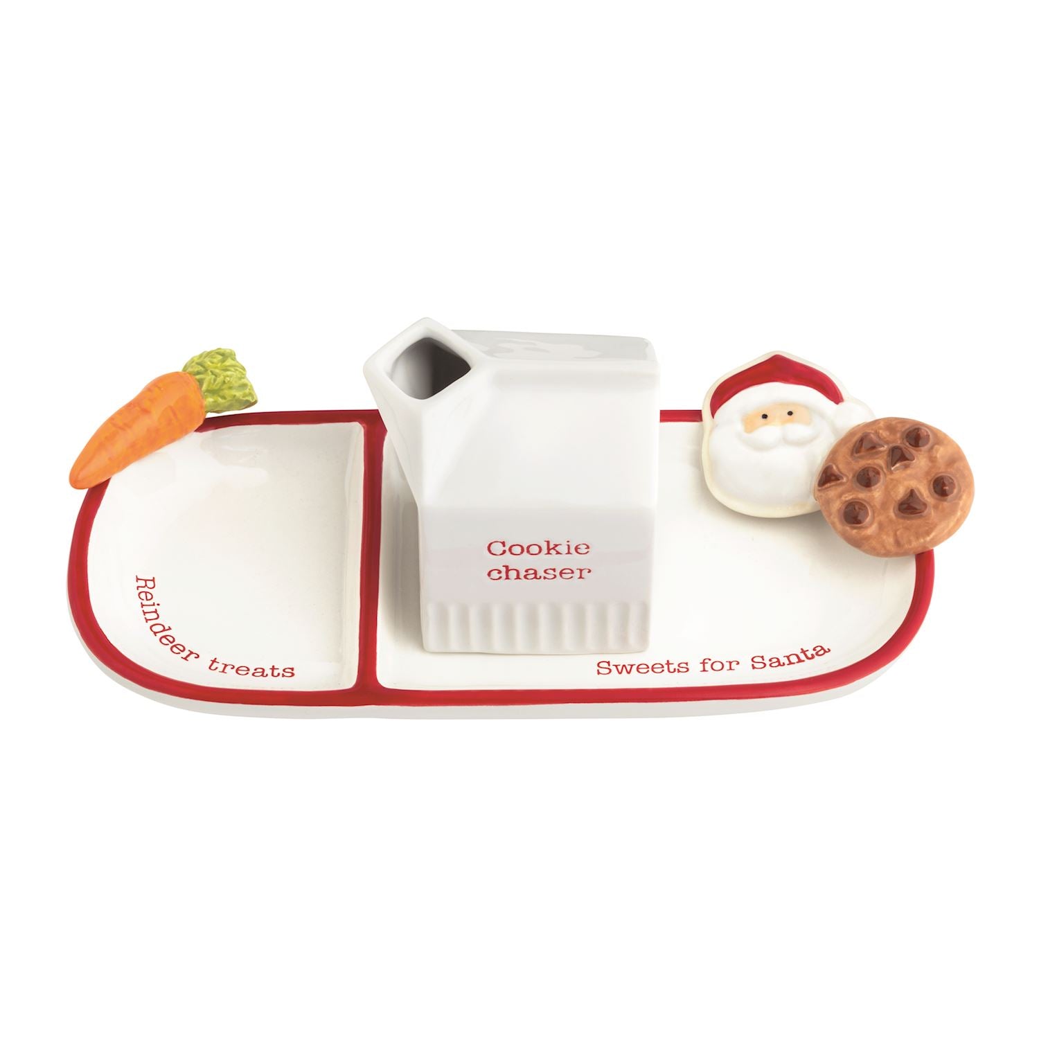 Christmas-themed cookie tray set with reindeer treats, cookie chaser, and cookies on a white background
