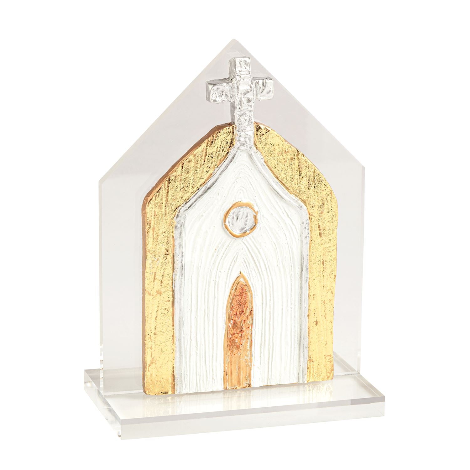 A small decorative church-shaped ornament or plaque with a clear acrylic outer frame and base, featuring a white arched center, textured gold side panels, a metallic gold door, and a silver cross on top, shown on a white background.