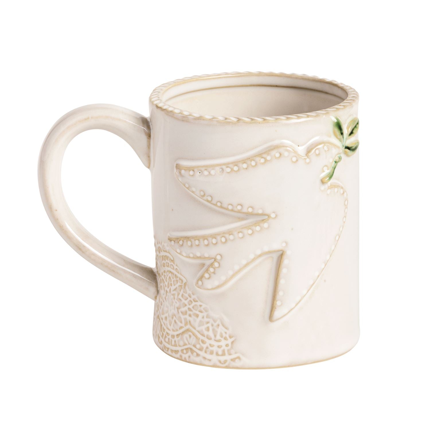 An off-white ceramic coffee mug featuring an embossed dove design with a small green leaf accent on the side, set against a plain white background.
