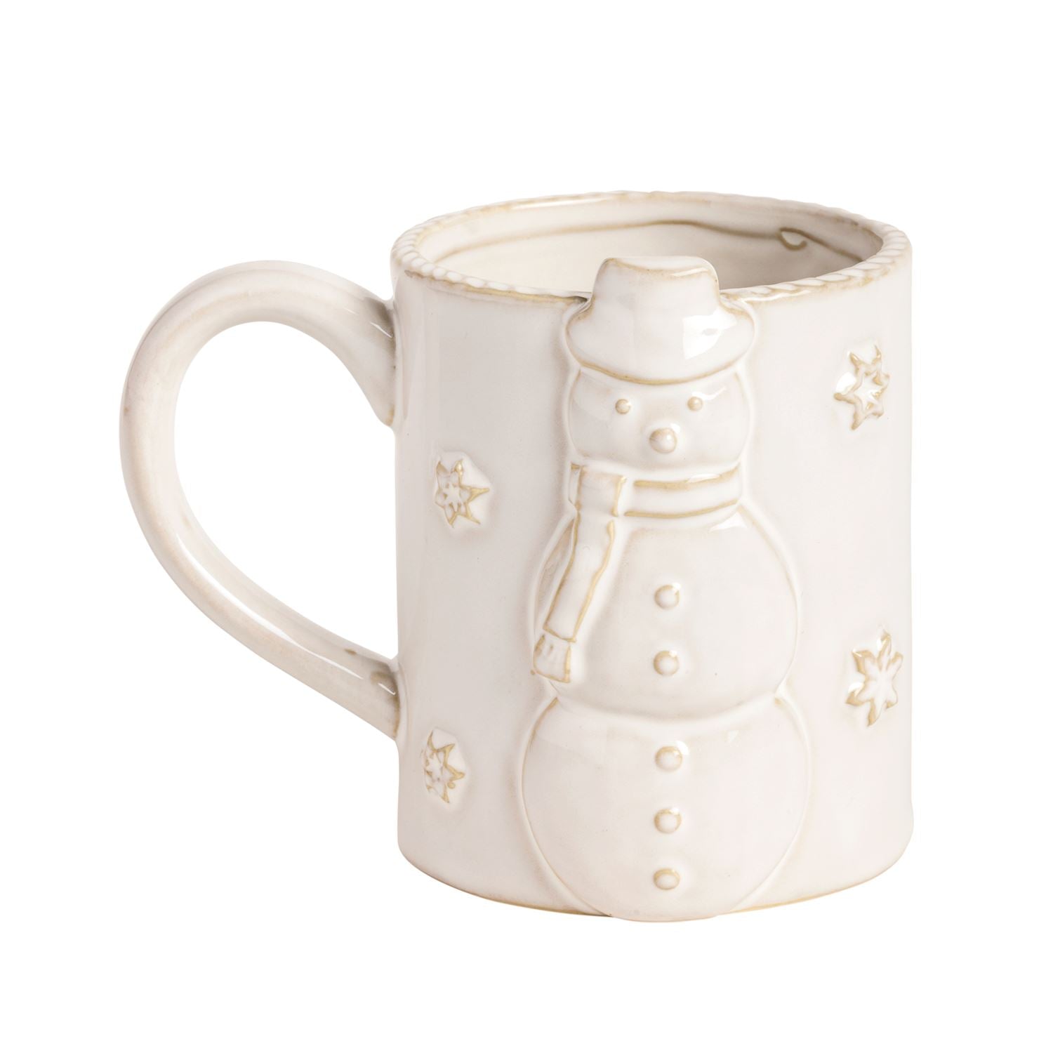 An off-white ceramic mug featuring a raised 3D snowman design on the side, accented with small gold glittery snowflakes, set against a plain white background.