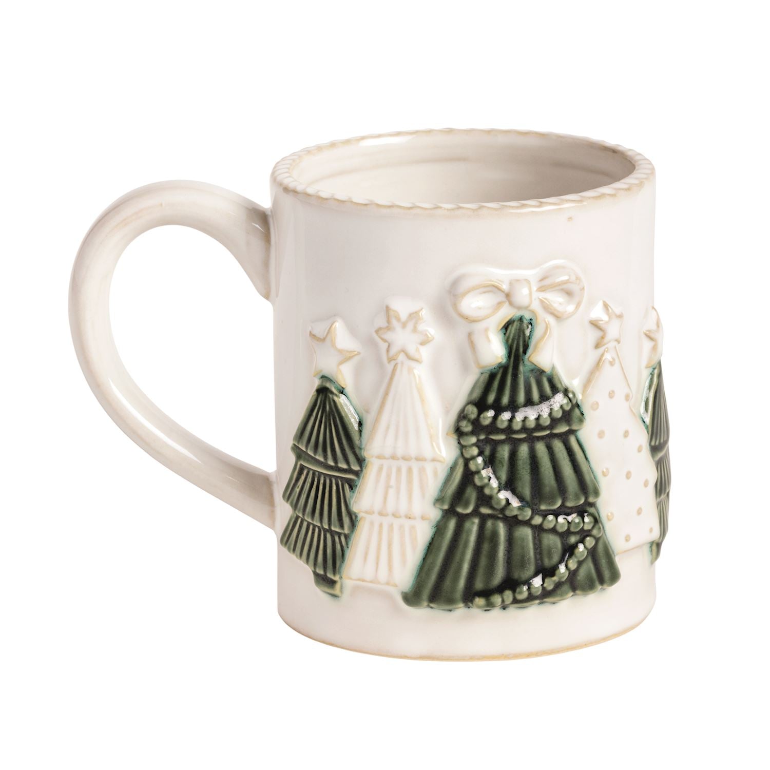 An off-white ceramic Christmas mug featuring raised relief designs of green and white Christmas trees, stars, and bows.