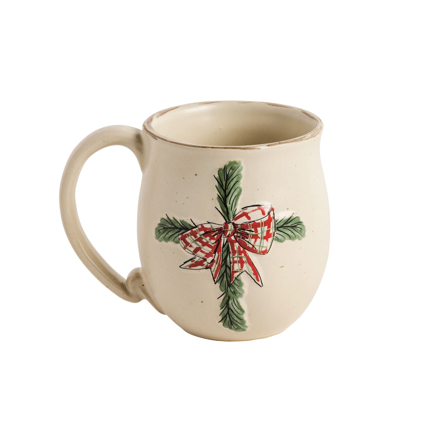 An off-white ceramic mug featuring a hand-painted green pine branch with a red and white plaid bow motif on the front, set against a plain white background.