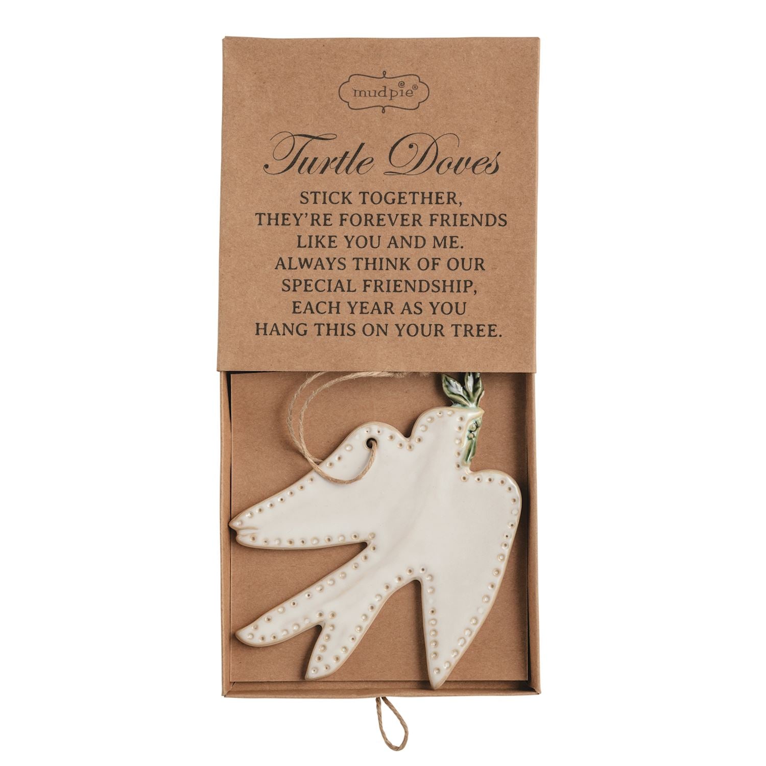 A white ceramic turtle dove ornament with decorative stitching and a hanging loop, presented inside a brown kraft gift box with printed text on a white background.
