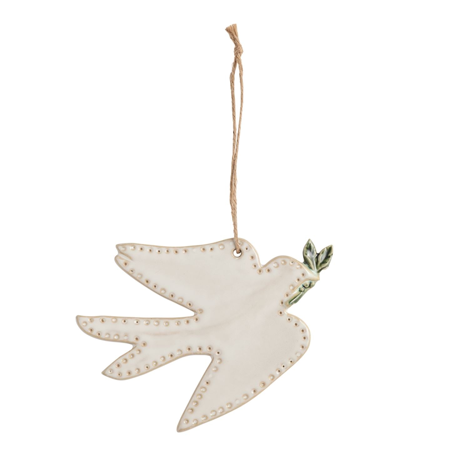 Decorative dove ornament with olive branch on a white background