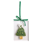 Decorative TREE ornament with a green ribbon on a white background