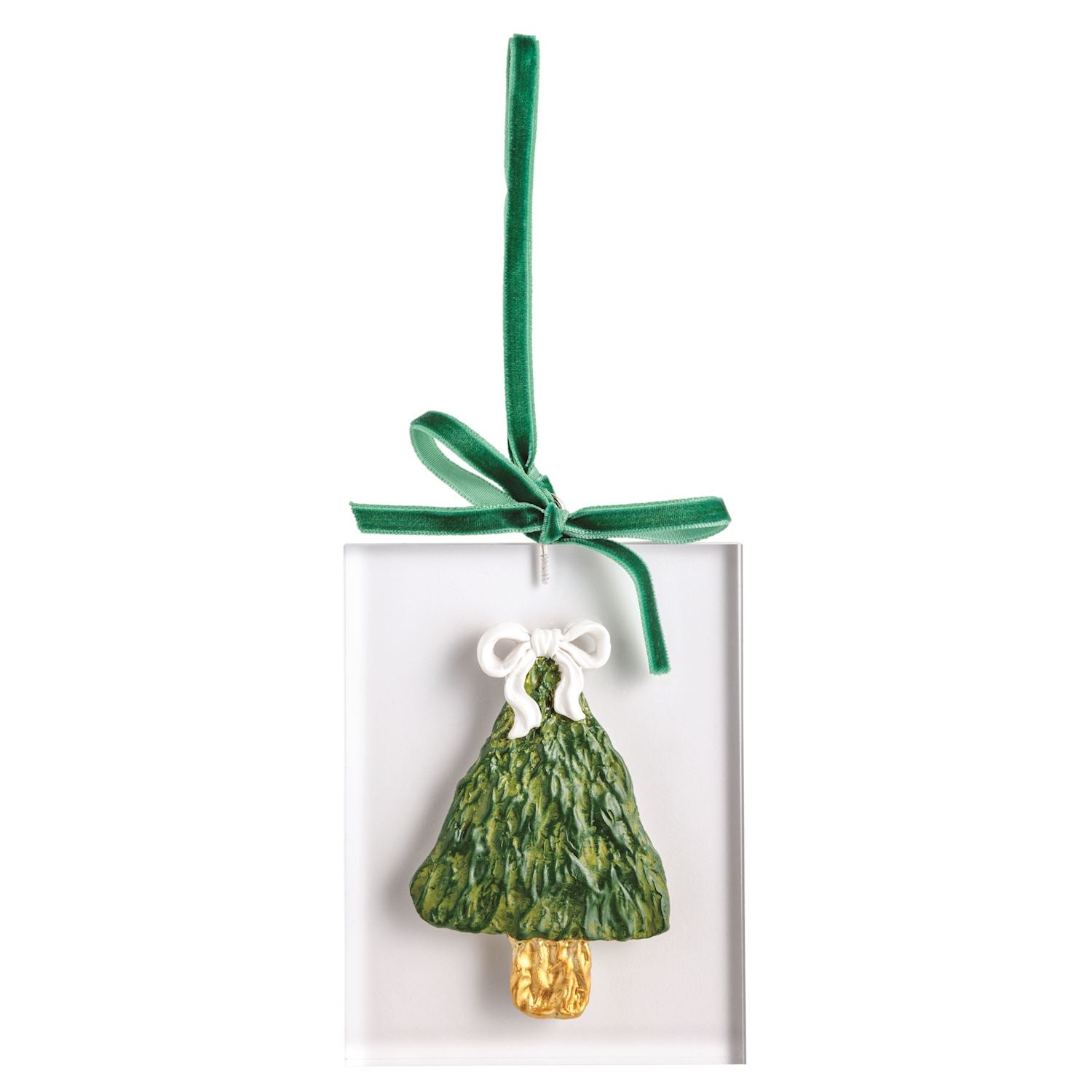 Decorative TREE ornament with a green ribbon on a white background