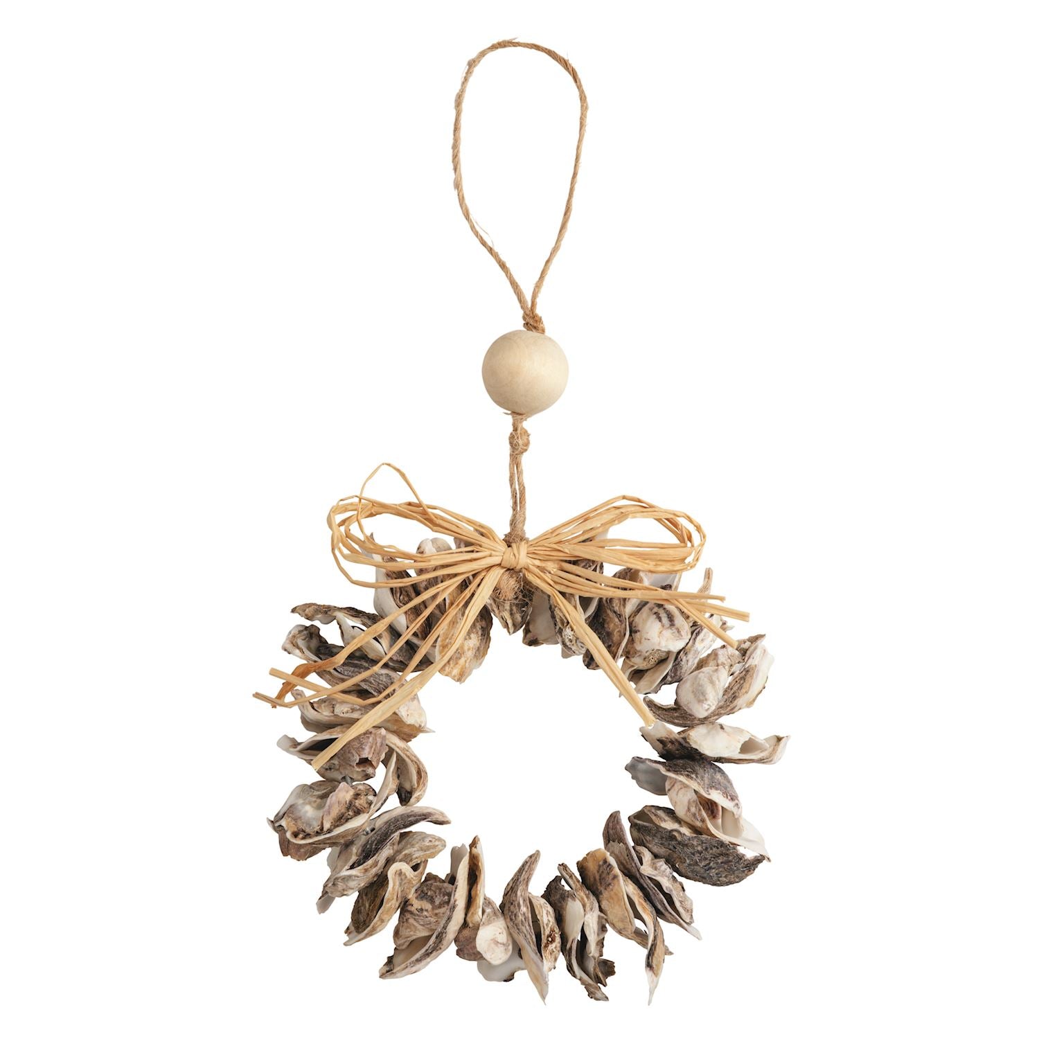 A rustic hanging wreath ornament made from natural driftwood shells, tied with a jute bow and hanging from a wooden bead and twine loop, shown on a plain white background.