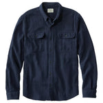A dark navy blue long-sleeve button-up shirt with two buttoned chest pockets, displayed flat against a plain white background.