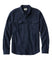 A dark navy blue long-sleeve button-up shirt with two buttoned chest pockets, displayed flat against a plain white background.
