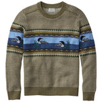 A long-sleeve crewneck knit sweater featuring a brown and olive base with a horizontal blue pattern band depicting loons and geometric accents.
