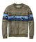 A long-sleeve crewneck knit sweater featuring a brown and olive base with a horizontal blue pattern band depicting loons and geometric accents.