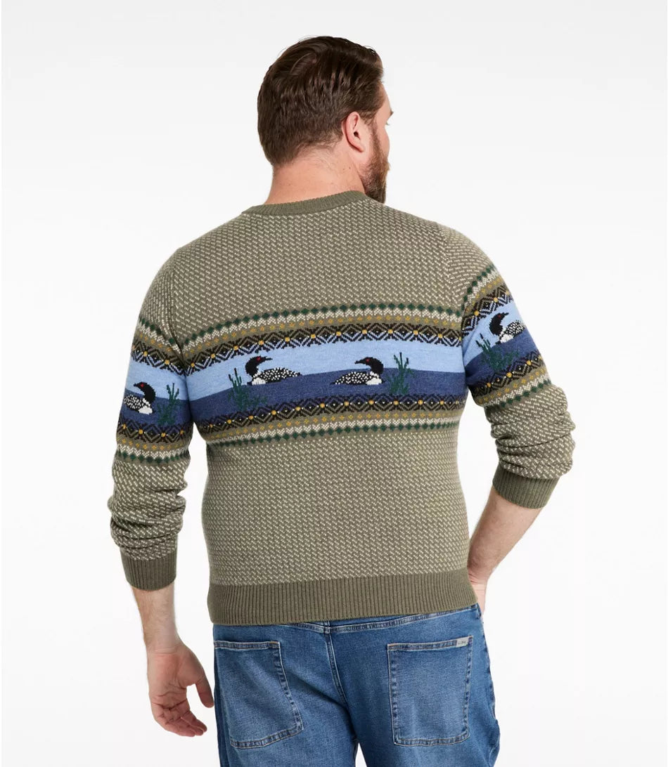 A man viewed from the back wearing a knitted crewneck sweater with a green base and a horizontal pattern band featuring ducks, blue water, and geometric borders, paired with blue jeans against a white studio background.